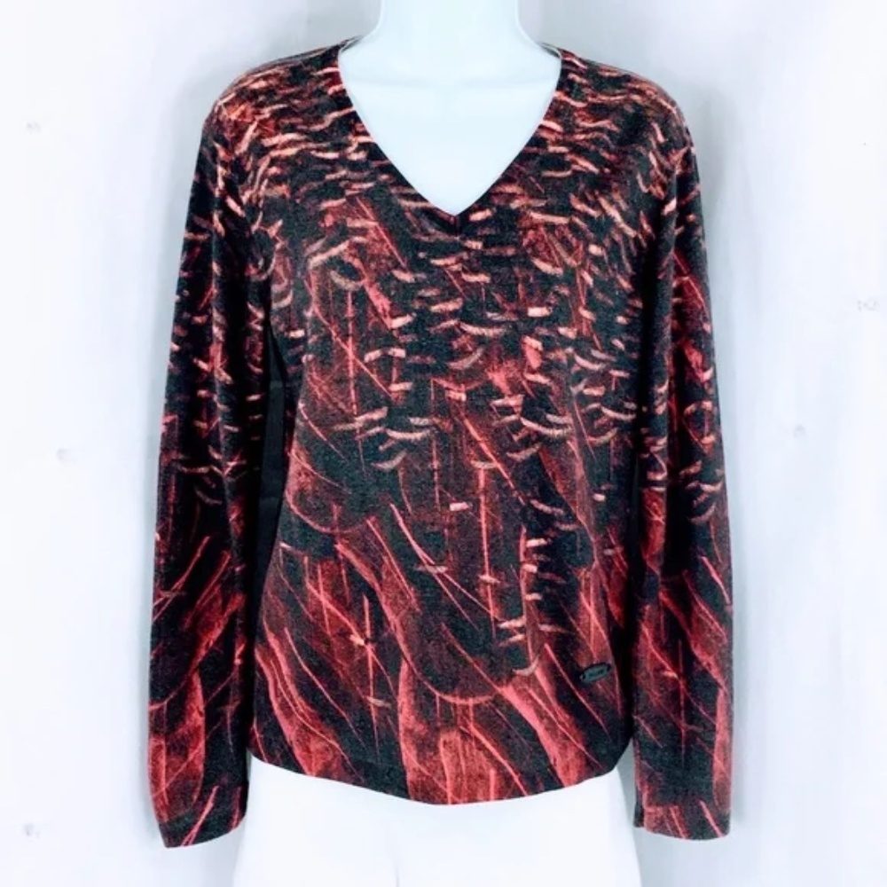 Just Cavalli Womens Sweater V Neck Wool Abstract Print Sz M